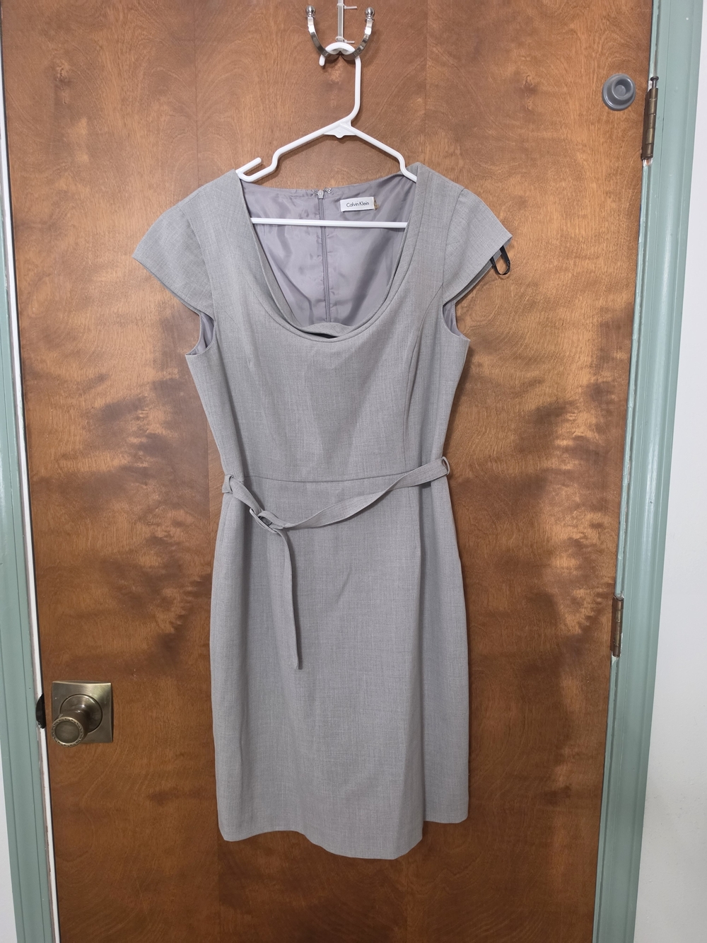 Calvin Klein Light Gray Cap Sleeve Sheath Dress with Belt